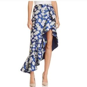 Alice + Olivia Lovette Blue White Floral Satin Asymmetrical Midi Skirt Size 0